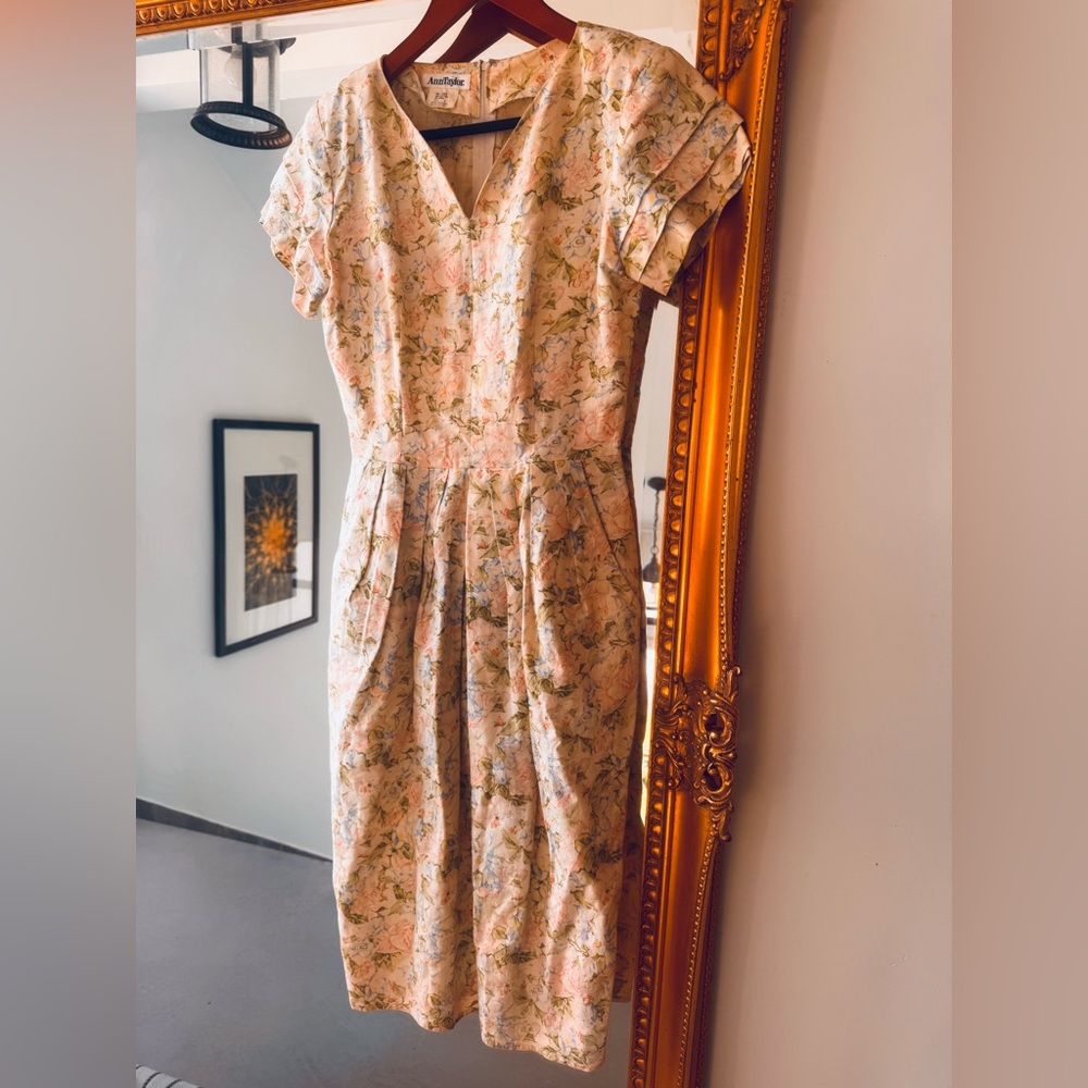 Linen/Cotton Floral Pastel Midi Dress - Light Pink & Green spring